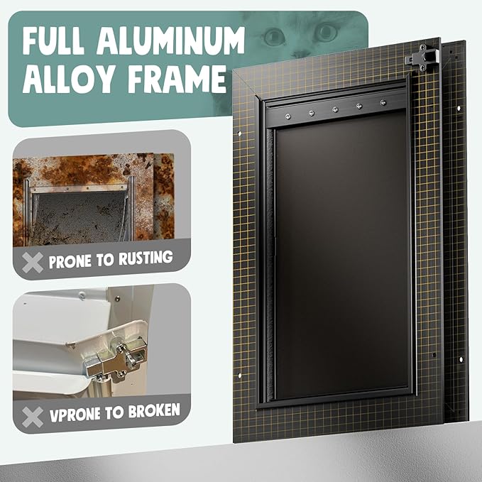 Dog Door for Door All Aluminum 3 Flaps Black, Large Dog Doggy Doggie Door, Heavy Duty Pet Door for Dogs Cats, with Insulation Flap, Telescoping Tunnel, Sliding Closing Panel, for Pets Up to 110lb