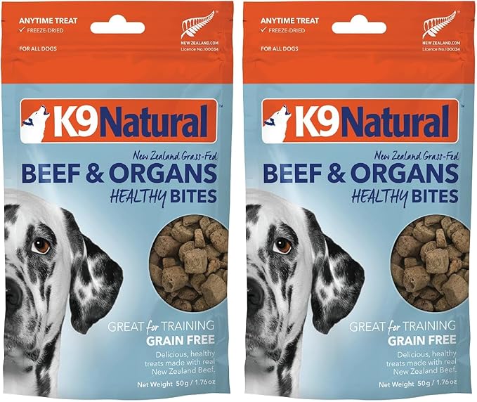 K9 Natural, Freeze-Dried Single Ingredient Dog Treats, High-Value, Low-Calorie Protein Bites for Active Dogs, Healthy Dog Training Treats, Grain-Free Reward, Beef & Organs, 1.76oz (Pack of 2)