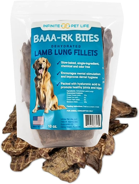 Infinite Pet Life BAAA-RK Bites Lamb Lung Dog Treats | 10oz | Made in USA | Dehydrated Lungs for Dogs