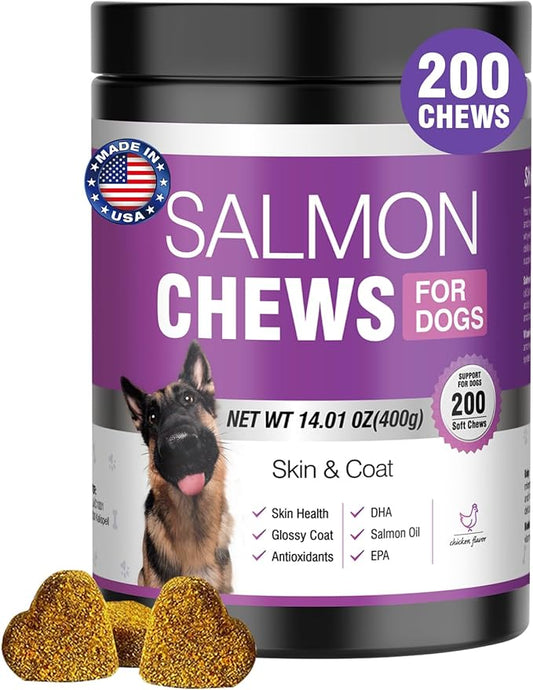 Omega 3 Skin and Coat Supplement for Dogs 200 Chews Dog Fish Oil Supplements with EPA & DHA Fatty Acids Dry Skin Relief for Dogs Shedding Allergy Itching Promotes Heart Hip Joint Health