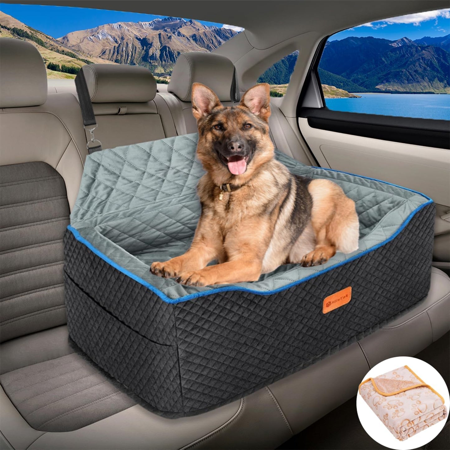 Dog Car Seat Large Size Dog, Washable Large Dog Car Seat, Detachable Memory Foam Pet Car Seat, Dog Booster Car Seat for Large Dogs 60 lbs, with 2 Dog Seat Belt and Dog Blankets