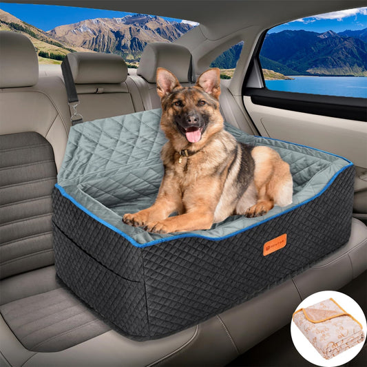 Dog Car Seat Large Size Dog, Washable Large Dog Car Seat, Detachable Memory Foam Pet Car Seat, Dog Booster Car Seat for Large Dogs 60 lbs, with 2 Dog Seat Belt and Dog Blankets