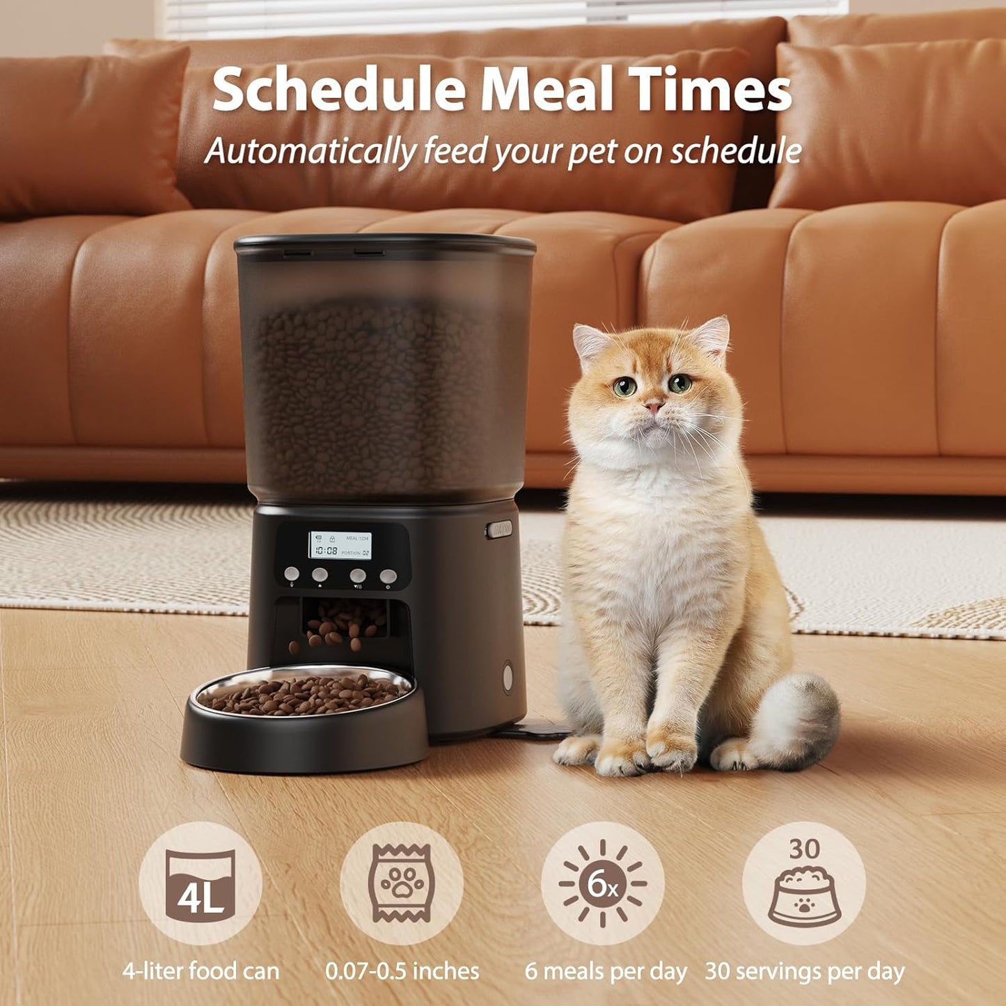 Automatic Cat Feeder, 4L Timed Dry Food Dispenser with Stainless Steel Bowl, Pet Food Feeder for Cats & Small Dogs, Programmable for 6 Meals & 30 Portions Per Day, 10S Voice Record, Dual Power, Black