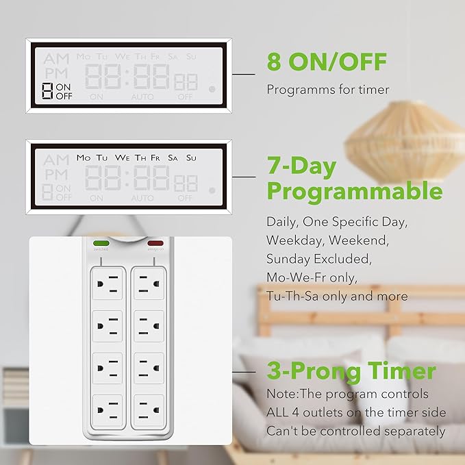 BN-LINK 8 Outlet Surge Protector with 7-Day Digital Timer (4 Outlets Timed, 4 Outlets Always On) - White