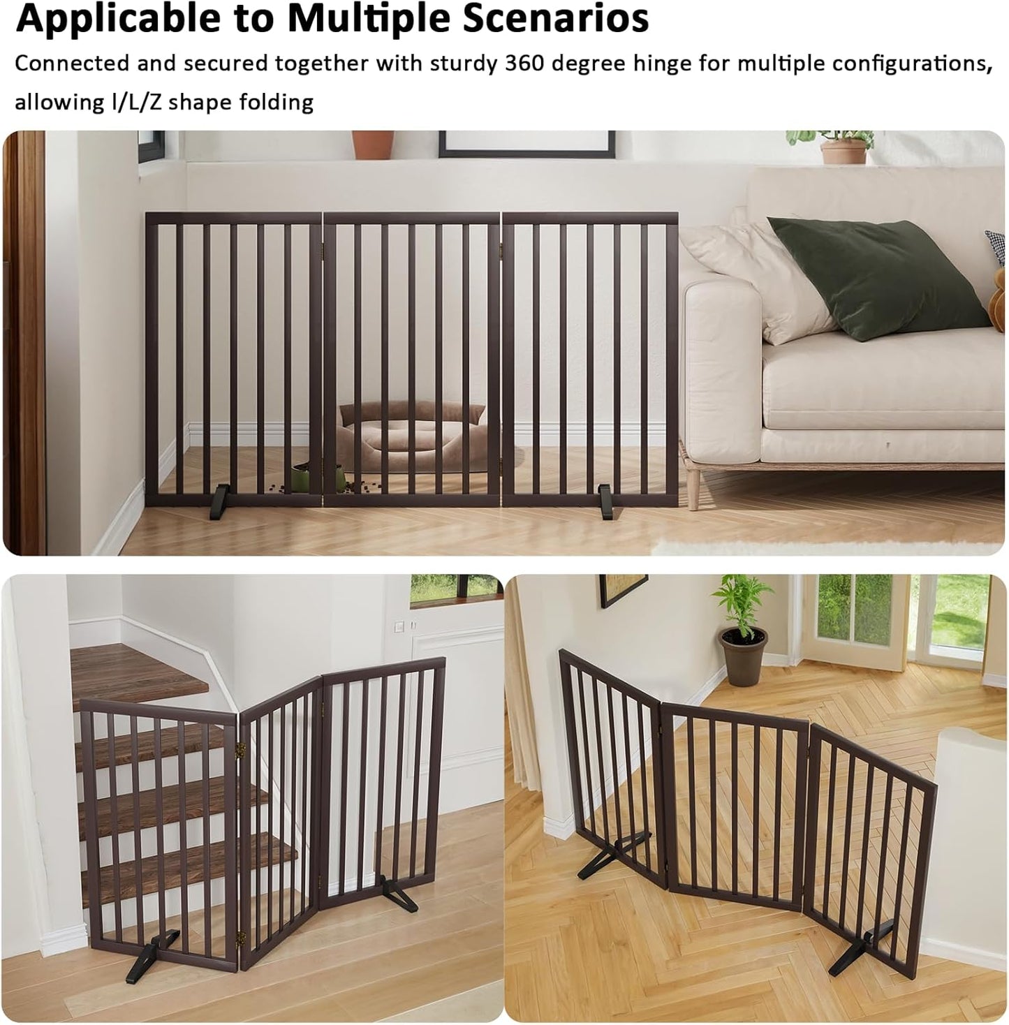 Dog Gate for Doorways 32" Tall Freestanding Dog Gate for Stair Foldable Pet Gate for Dogs Indoor (Brown,3 Panel)