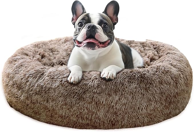 JOLLYVOGUE Large Calming Dog Bed, Anti-Anxiety Donut Cuddler Cat Bed with Anti-Slip Bottom, Fluffy Faux Fur Machine Washable Pet Cushion for Medium Large Dog & Cat, 36"/Smoke Brown