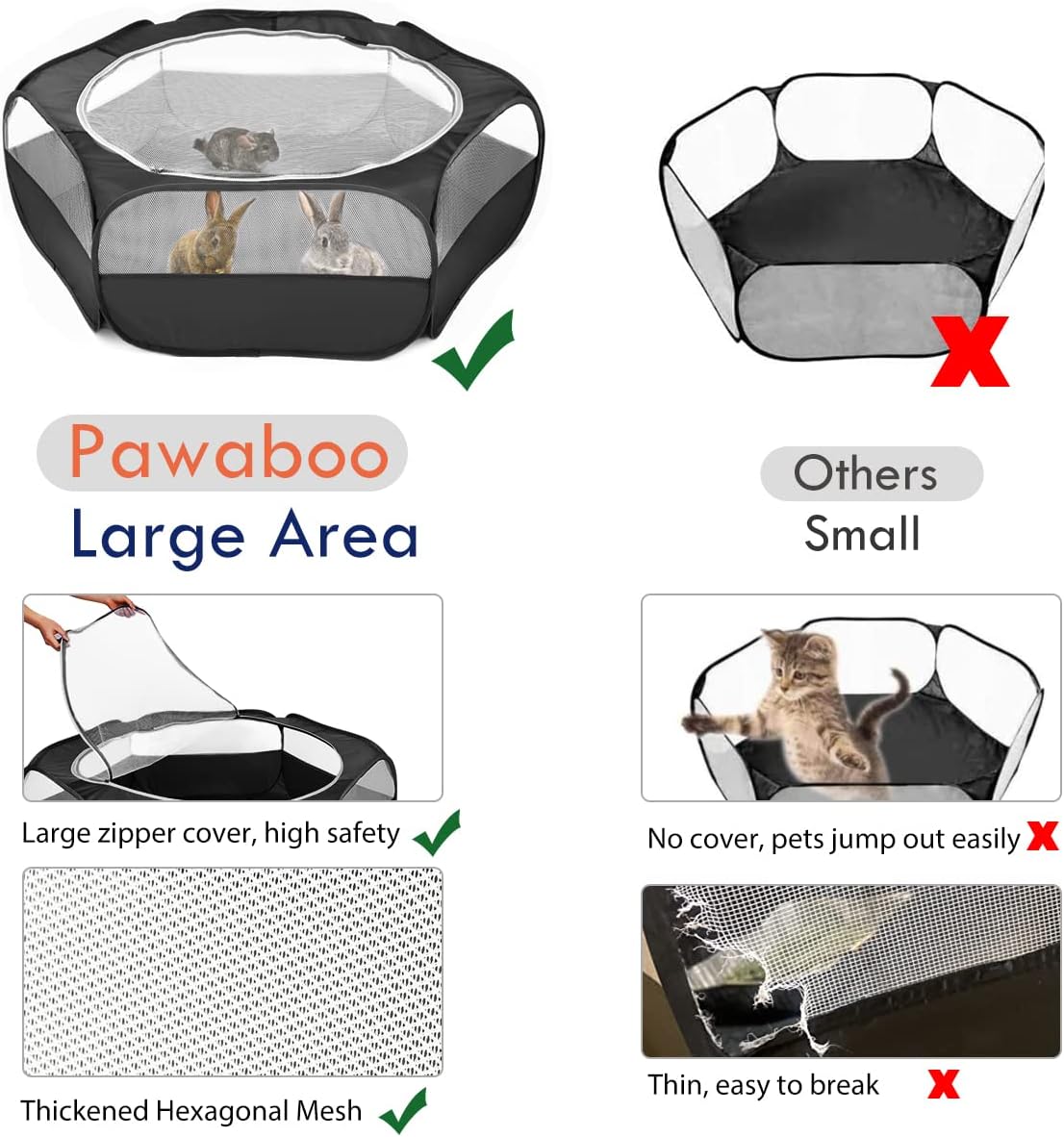 Pawaboo Small Animals Playpen, Waterproof Small Pet Cage Tent with Zippered Cover, Portable Outdoor Yard Fence with 3 Metal Rod for Kitten/Puppy/Guinea Pig/Rabbits/Hamster/Chinchillas, Black
