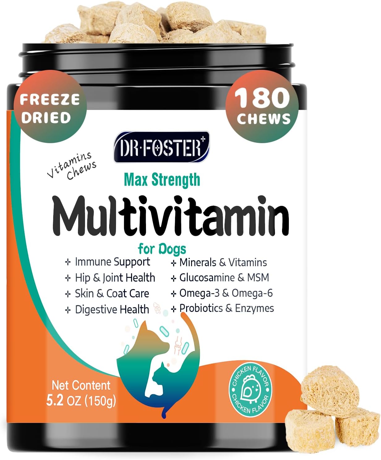 Dog Multivitamin, Dog Vitamins and Supplements, Multivitamin for Dogs with Glucosamine, Probiotics & Omega 3 for Joint, Digestive, Skin, Coat and Immune Health, Chicken Flavor - 180 Bites