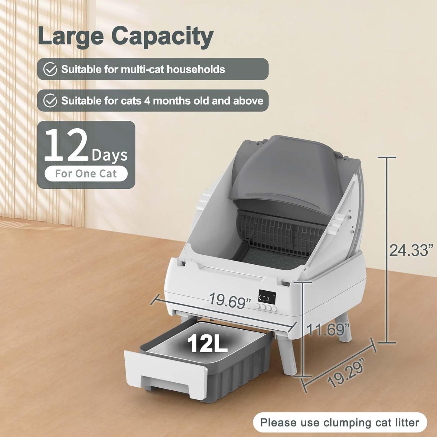 Automatic Cat Litter Box Self Cleaning - App Control, Open-Design, Smart Health Monitor, Suitable for Medium Cats and Kittens, Anti-Pinch Safety, Quiet Operation, A Trusted Companion for Life - White