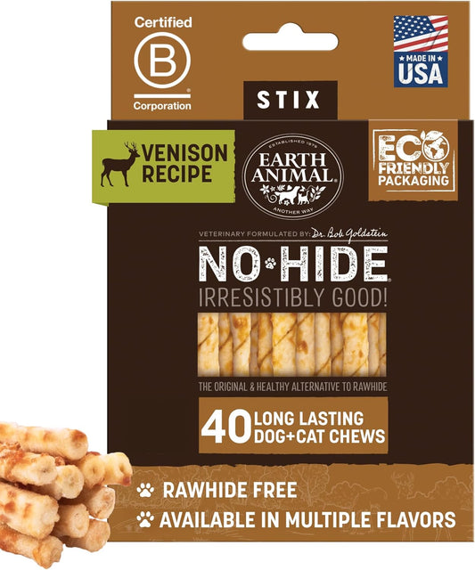 Earth Animal No-Hide Stix Venison Recipe Natural Rawhide Alternative Dog & Cat Chews - 40 Count Extra Value Pack