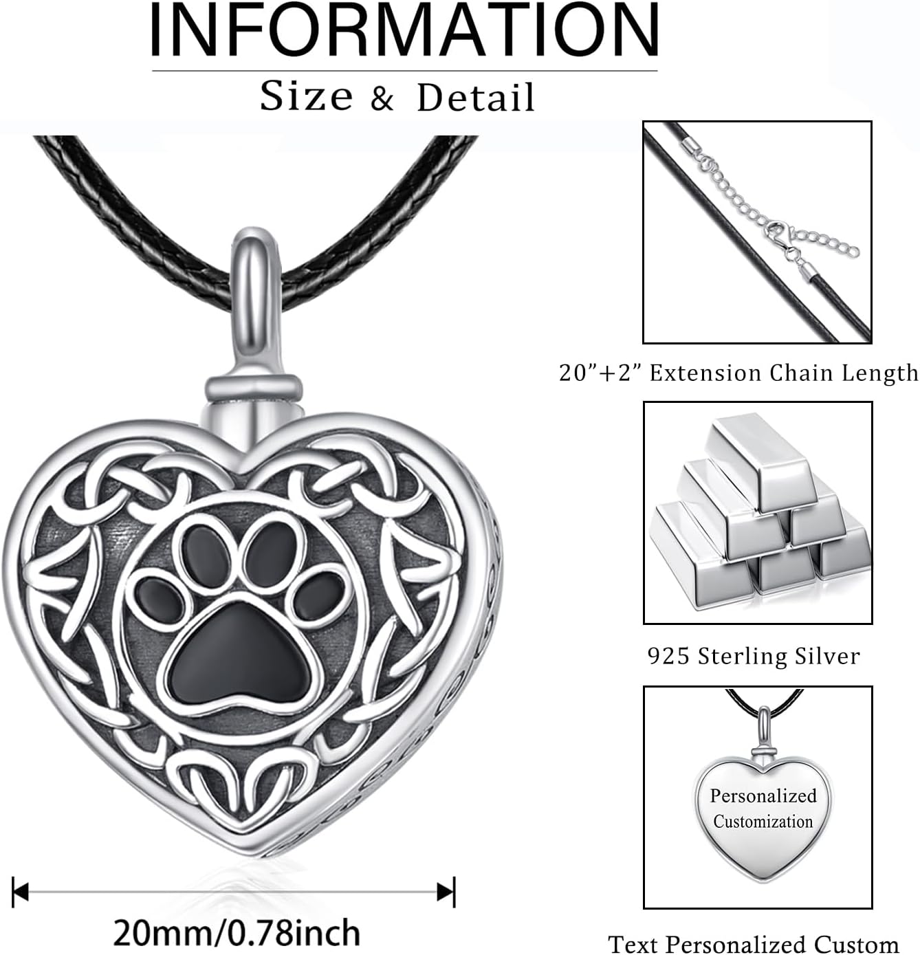 Dreamboat Pet Urn Necklace for Dog Cat Ashes 925 Sterling Silver Paw Print Cremation Keepsake Pendant Celtic Knot Memorial Jewelry Gifts for Women Men