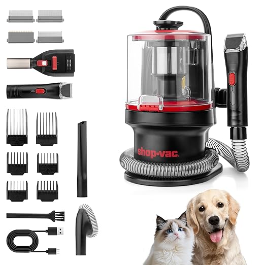 Shop-Vac 4-in-1 Pet Grooming & Vacuum, Dog Grooming Vacuum for Shedding, Professional Clippers, Brushes & Crevice Tool, 10,000Pa Suction, 3.3L Dust Cup, for Pet Shedding, Trimming, and Cleaning