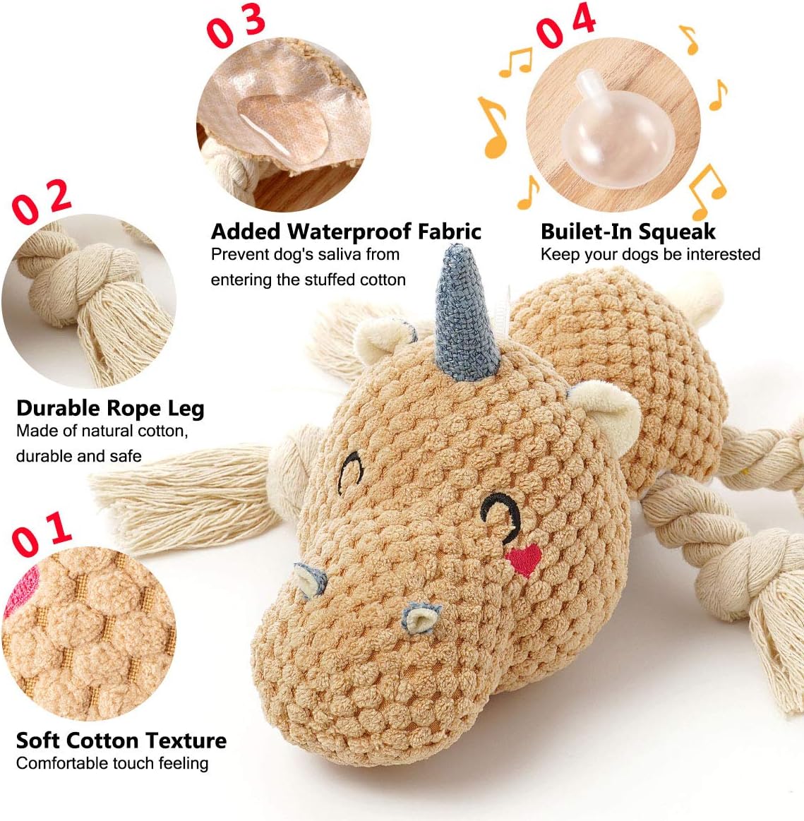 Large Dog Toys, Cute Squeaky Dog Toy, Stuffed Animal Plush Toys for Puppies, Durable Dog Chew Toy for Small,Middle,Large Breed (Brown(Uni-Hippo))
