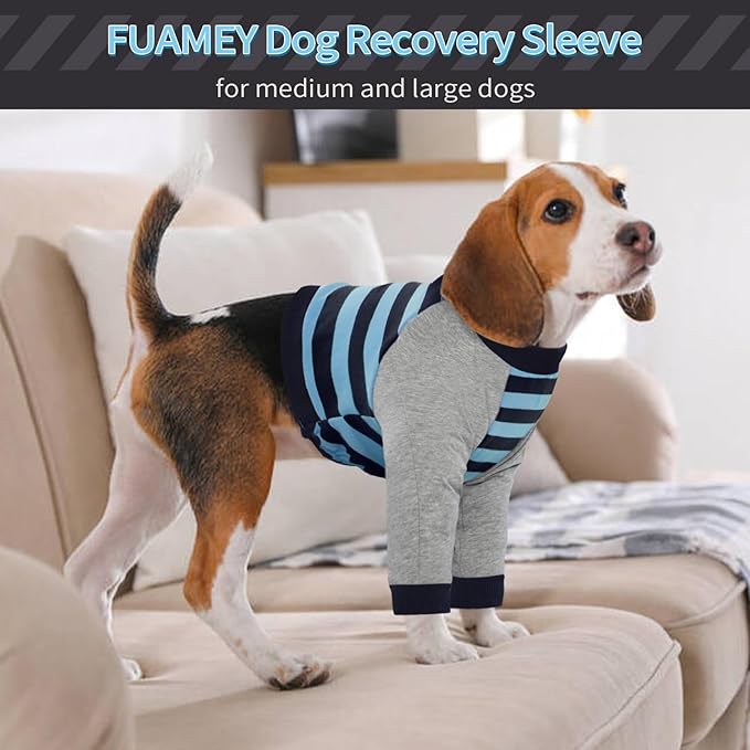 FUAMEY Dog Recovery Sleeve with Elbow Protector,Dogs Shirt Stop Licking Joints,Pet Long Sleeve Suit Protecting Dog's Front Leg Arm Wounds Cover Skin Conditions Blue Stripe XL