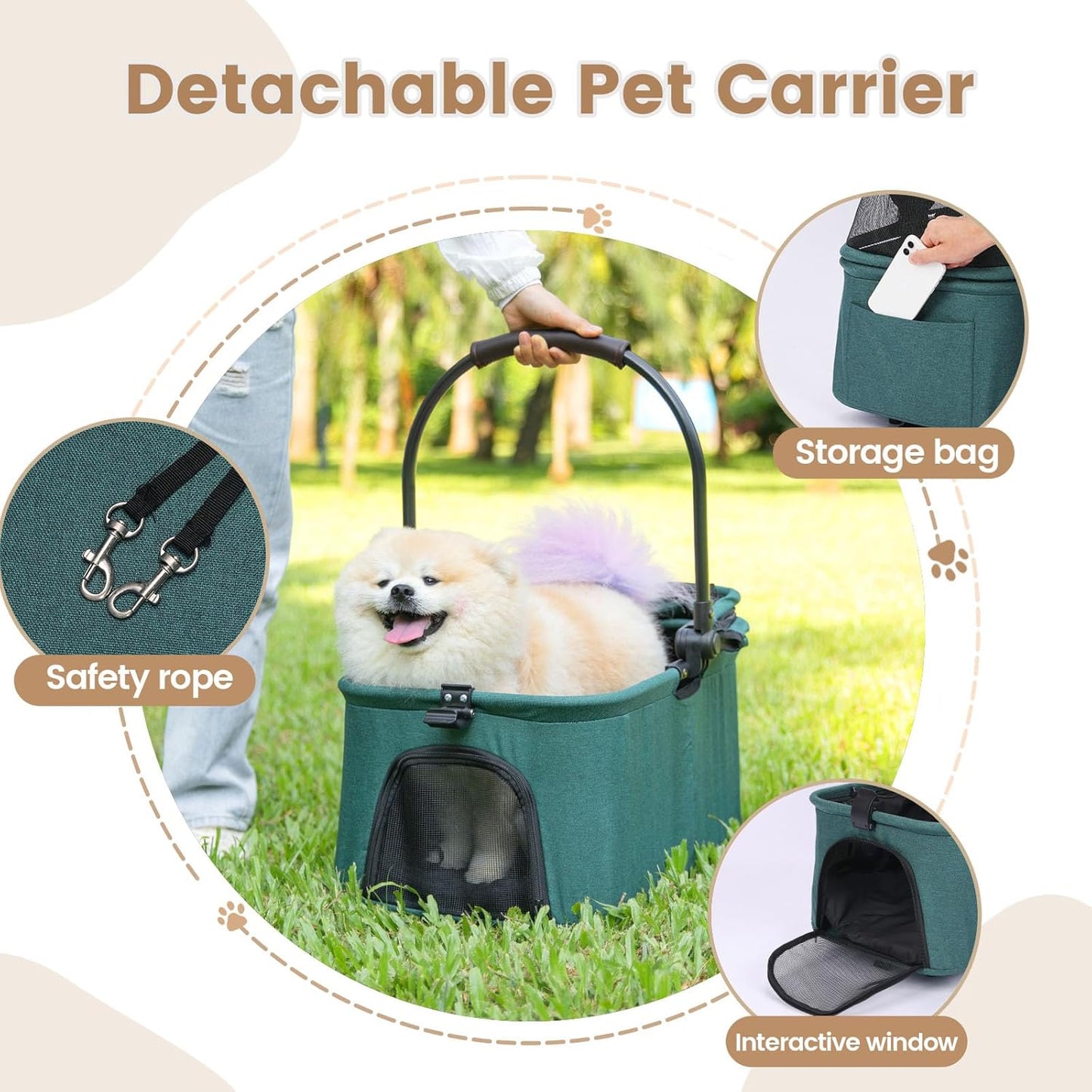 Pet Stroller, 4 Wheels Pet Strolling Cart for Medium/Small Dogs and Cats, Foldable Cat Jogger/Dog Stroller with Cup Holder, Storage Basket, Breathable Mesh, All-Season Pet Carrier (Dark Green)