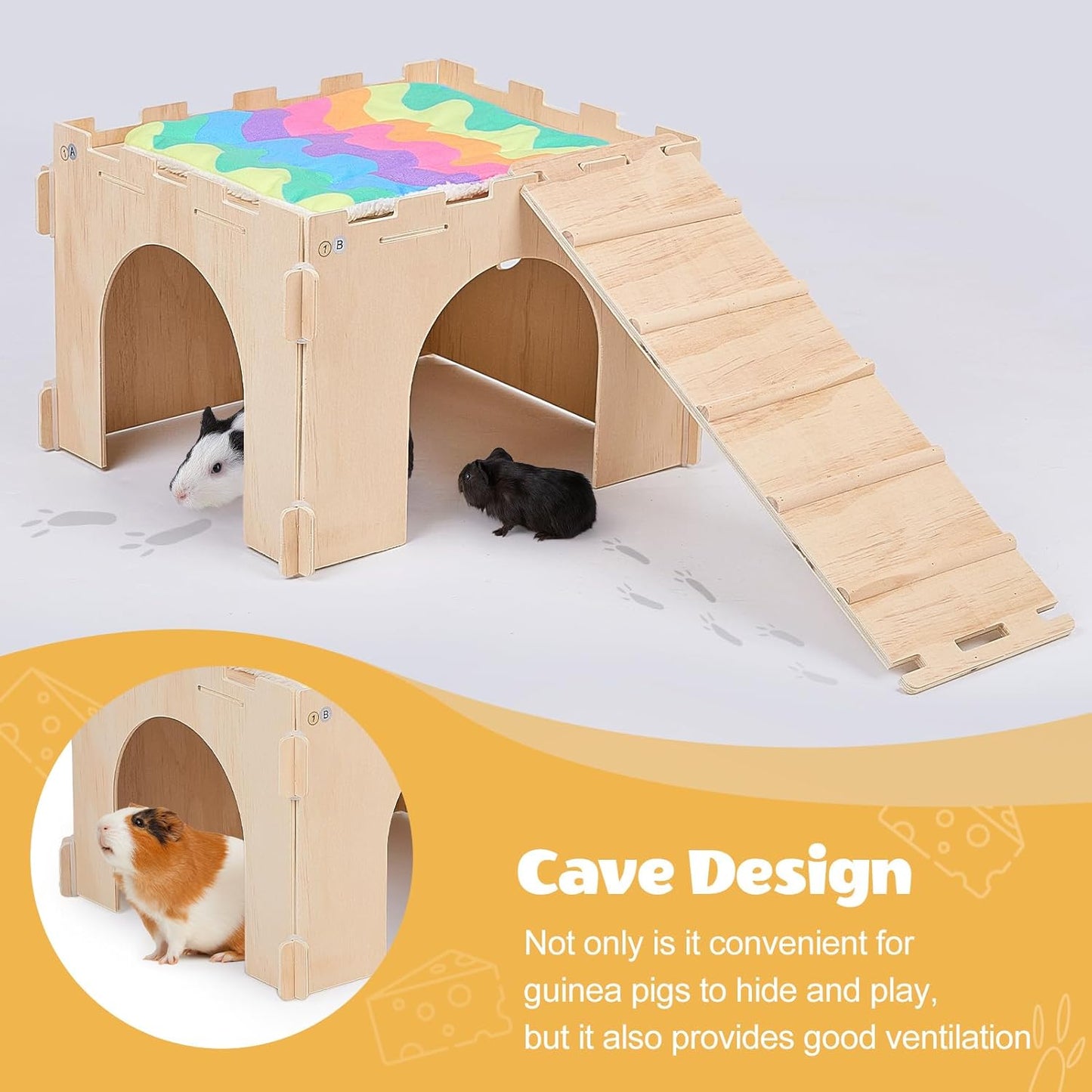 Guinea Pig Hideout, Guinea Pigs House with Stairs and Mats Extra Large Guinea Piggy Castle Detachable Hideouts for Small Animals Wooden Guinea Pig Habitats with Multiple Doors and Windows