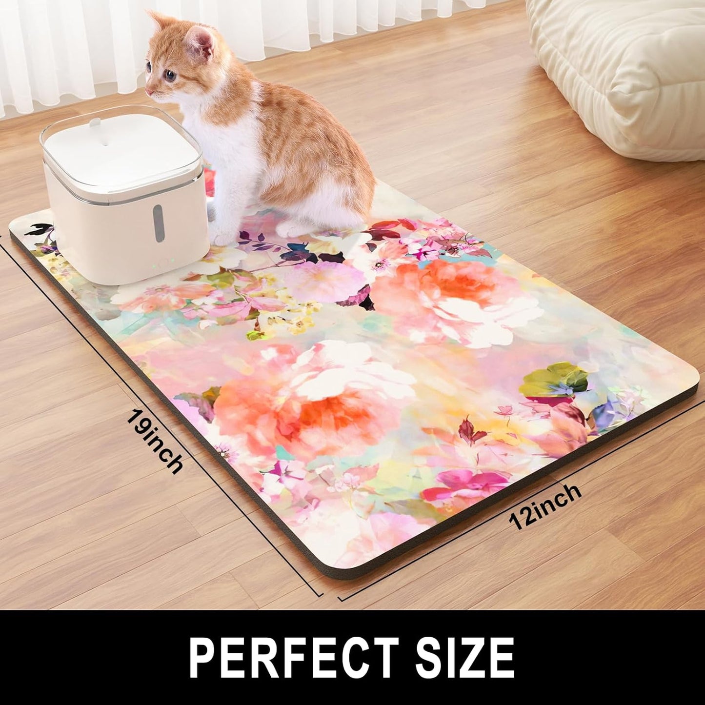 Dog Food Mat, 12" x 19" Flower Absorbent Dog Cat Bowl Mat for Food and Water, Cute Anti-Slip Rubber Pet Feeding Rug Protect Floors, Placemat for Feeding & Watering Supplies, Pink