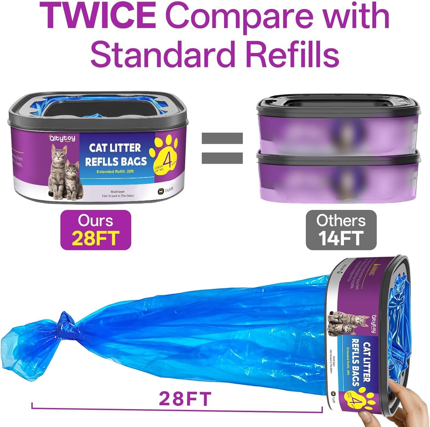 Cat Litter Refill Bags Jumbo 28FT-3 Pack Compatible with Litter Genie Refill Standard,Plus,Style Pail Refills,Cat Refill Cartridge Lasts Up to 12 Months(NOT Compatible with XL)