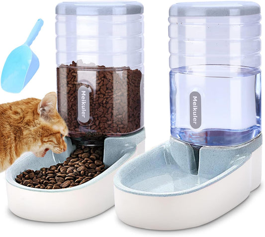 Meikuler Automatic Dog Cat Feeder and Water Dispenser Set,Waterer and Gravity Food Feeder for Small & Medium Dogs Cats Puppies,Large Capacity 1 Gallon x 2 (Grey)