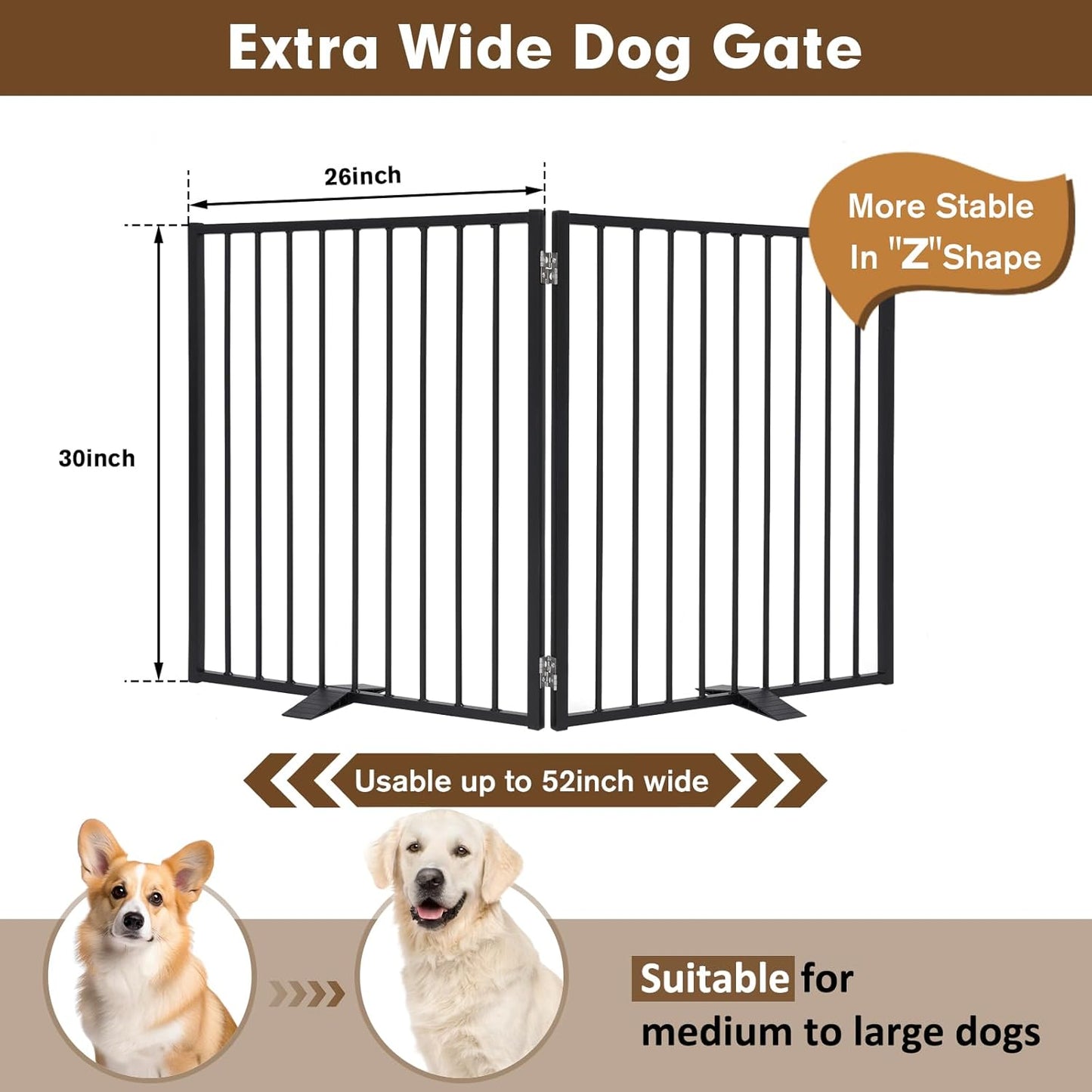 52" Dog Gate Extra Wide, Heavy Duty Metal Freestanding Dog Gate with Door for Indoor & Outdoor, Foldable Pet Fence for Stairs, Doorways,House,Porch,Deck,Yard, Auto Close(2 Panels,Black)
