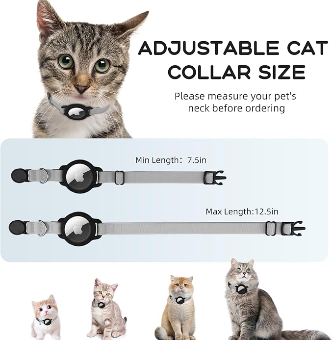 AirTag Cat Collars, Stretchy Collar with Apple AirTag Holder and Bell, Breakaway Ultra Design Elastic GPS Tracking Collars for Cats and Puppies, (7.5-12.5 Inch), Gray
