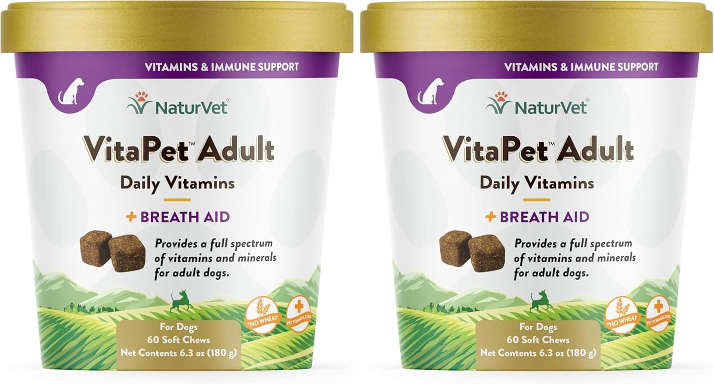 NaturVet VitaPet Adult Daily Vitamins Plus Breath Aid for Adult Dogs, 60 ct Soft Chews, Made in The USA with Globally Source Ingredients (Pack of 2)