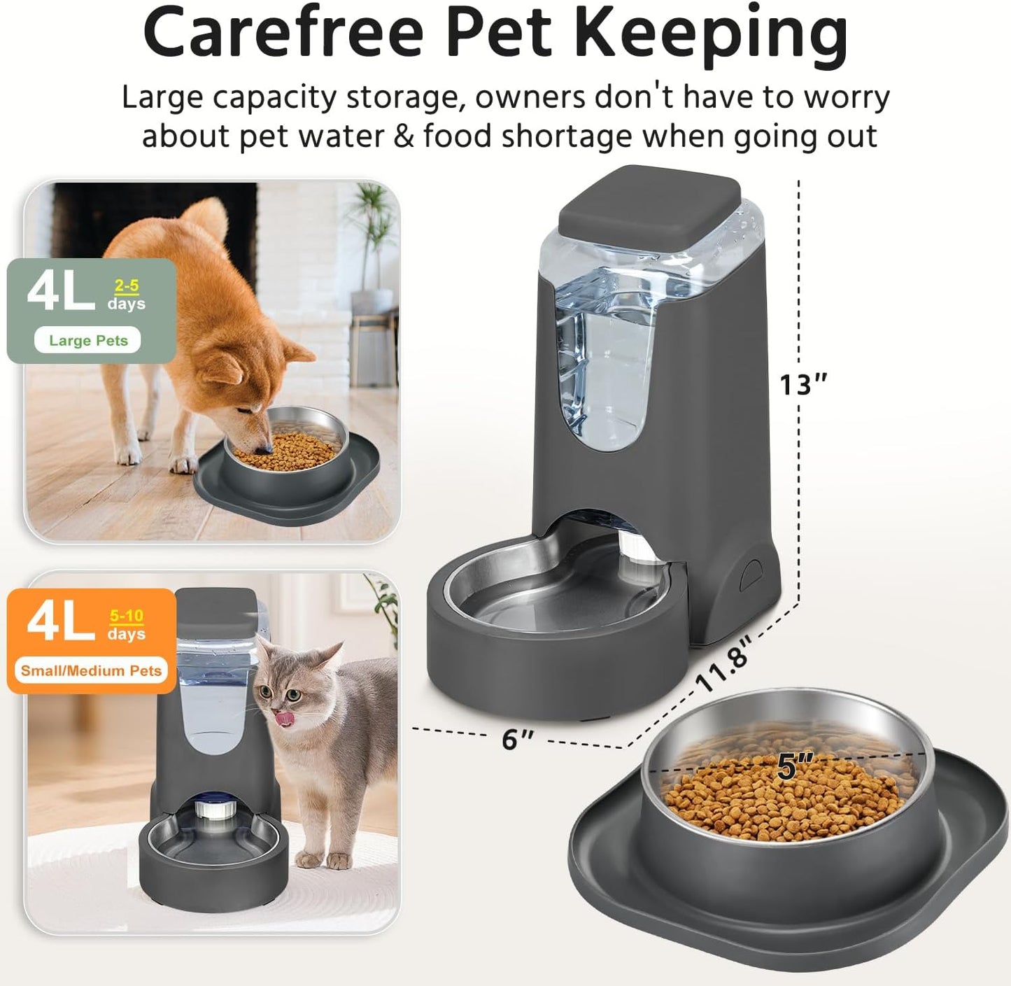 Automatic Cat Water Feeder and Food Bowl, Gravity Stainless Steel Cat Waterer Set for Small Medium Kitten Puppy Pets(1 Gallon + 12oz，Grey)