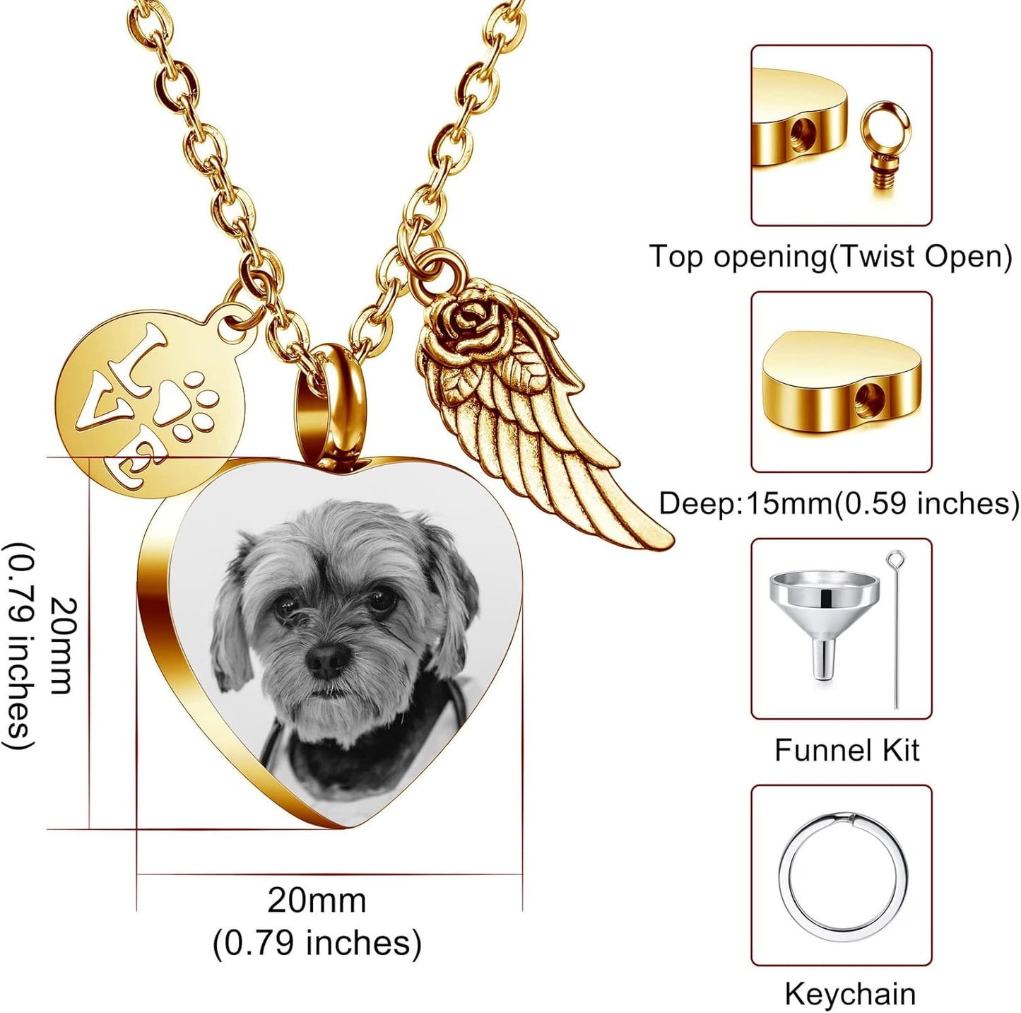 MeMeDIY Personalized Heart Paw Print Ashes Urn Pendant Necklace Custom Name/Photo/Date for Women Men Pet Lover Stainless Steel Memorial Dog Cat Pet Keepsake with Funnel Fill Kit Angel Wing