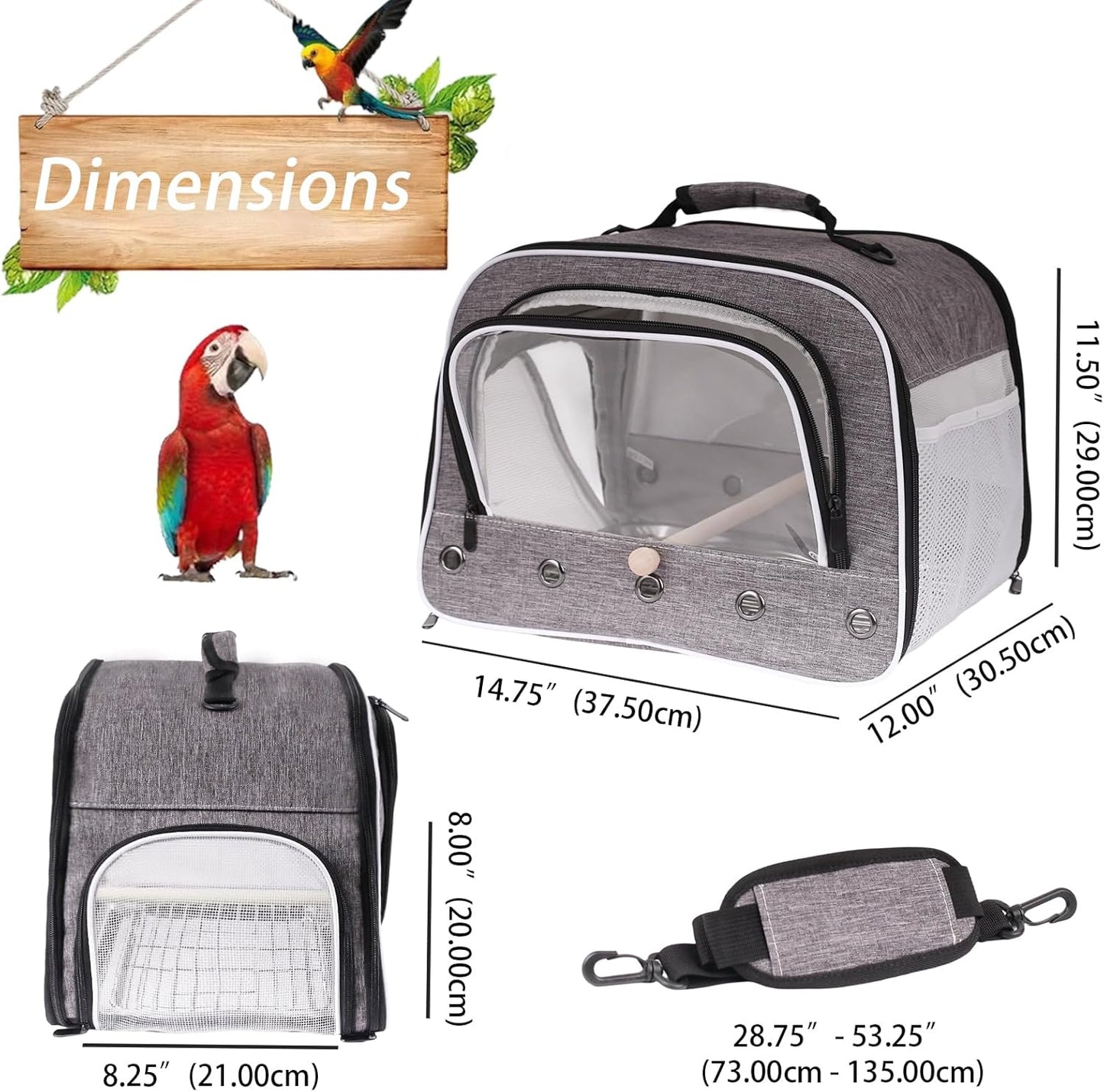 Bird Carry Carrier to Transport Large Size Parrot, Portable Bag with Metal Tray and Grid for Medium and Large Birds Like African Grey, Long Tail Cockatiel and Parrot