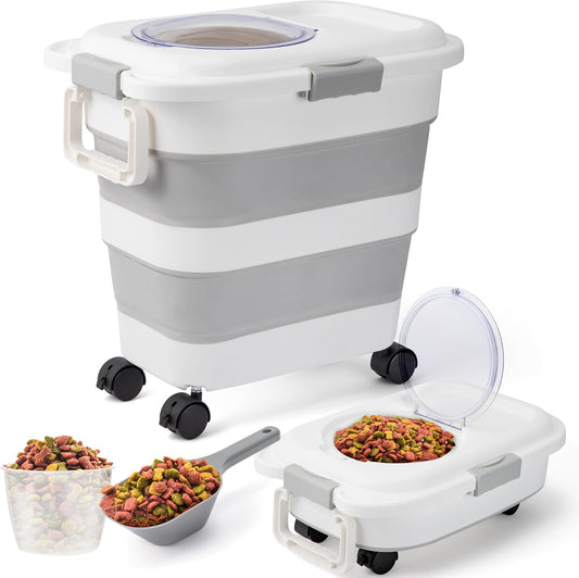 MALLMALL6 Dog Food Storage Container, Collapsible Pet Food Container with Spinner Wheels Scoop and Measuring Cup, Airtight Multifunctional Food Storage Container for Rice Dog Cat Pet Kitchen Dry Food