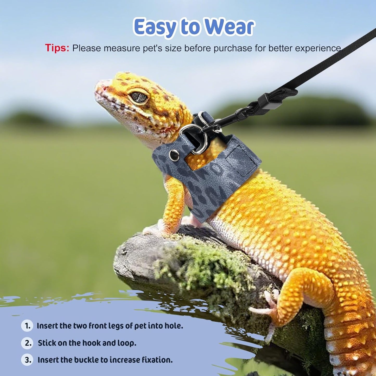 Pawaboo Adjustable Bearded Dragon Harness and Leash, 3 Size Leather Reptile Leash Outdoor Harness Leashs with Bat Wings for Lizard Reptiles Amphibians Small Pet, Small/Medium/Large, Leopard Dusty Blue