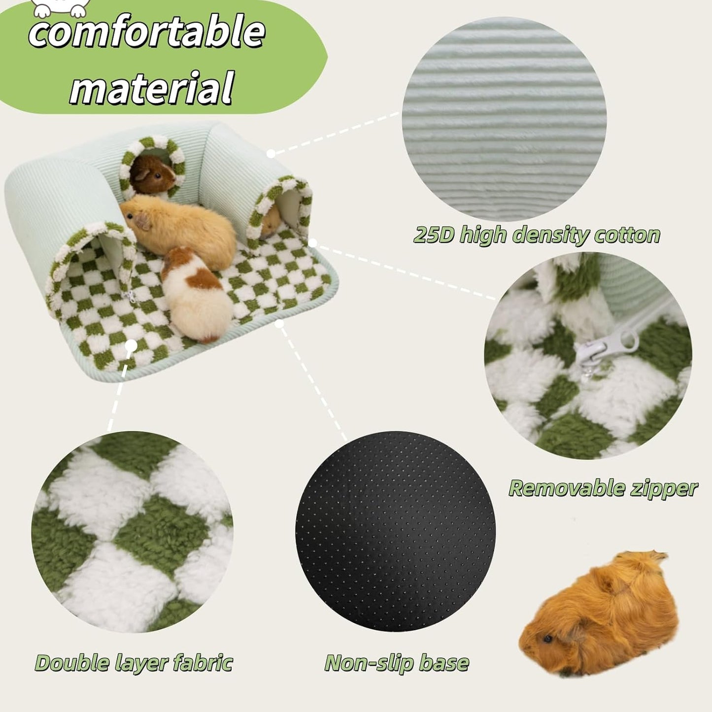 Guinea Pig Hideout Tunnel with Warm Bed for Small Pet 3 Cave Small Animal Tunnel Toy Cages Green