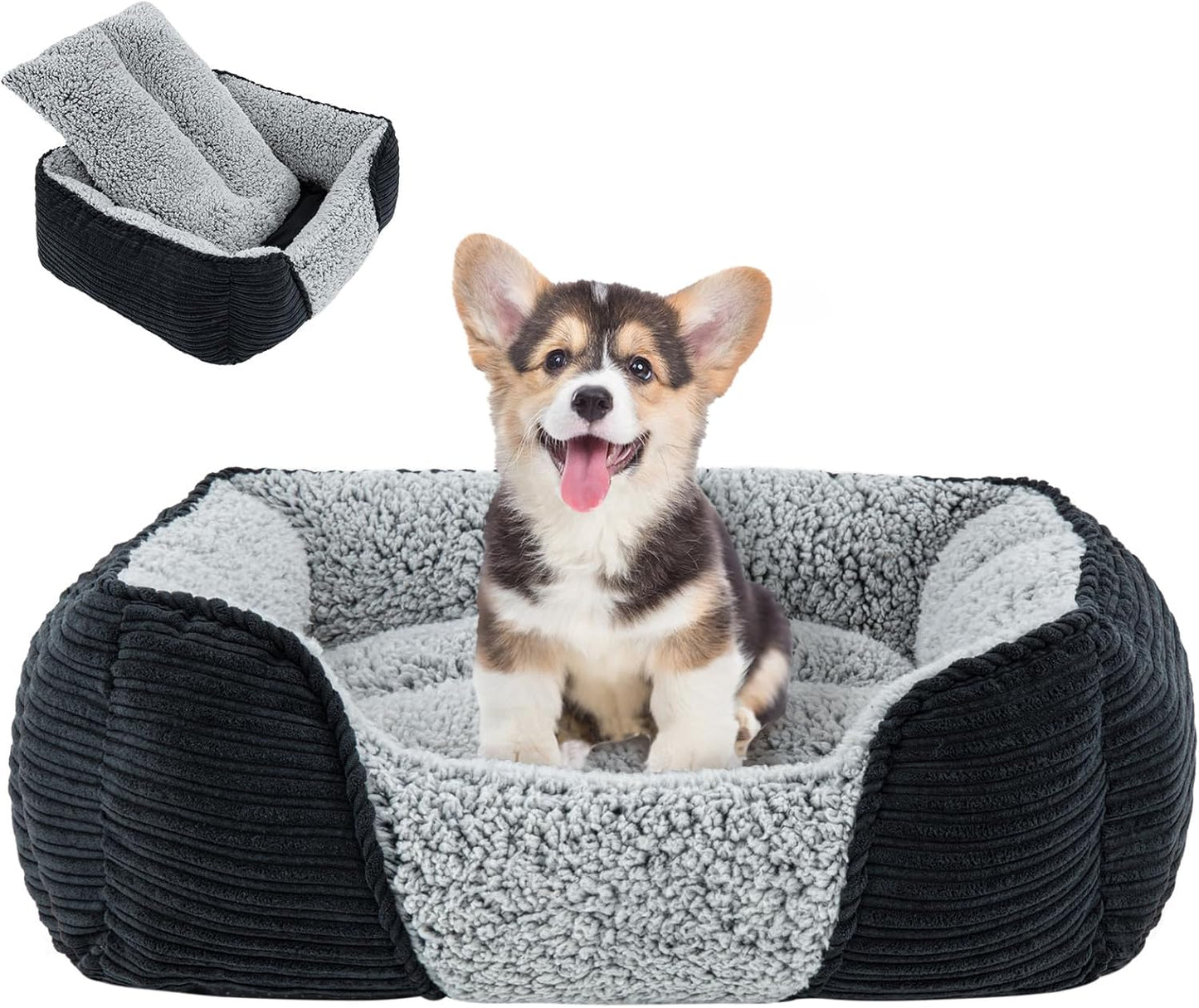 Miguel Washable Dog Bed for Small Dogs, Easy to Wash Cat Sofa Bed with High Sides, Rectangle Bolster Cat Bed Calming Cuddle Puppy Bed with Anti-Slip Bottom, Black 20 Inch
