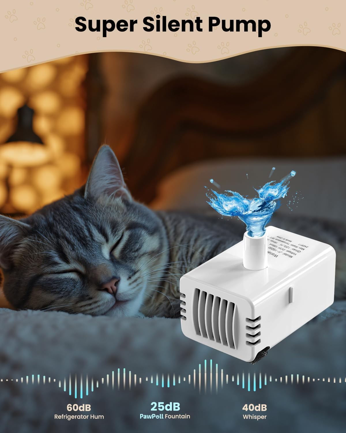 Replacement Pump for PawPoll Cat Fountain - Cats Water Fountain Pump Ultra Quiet LED Lights Pet Water Dispenser