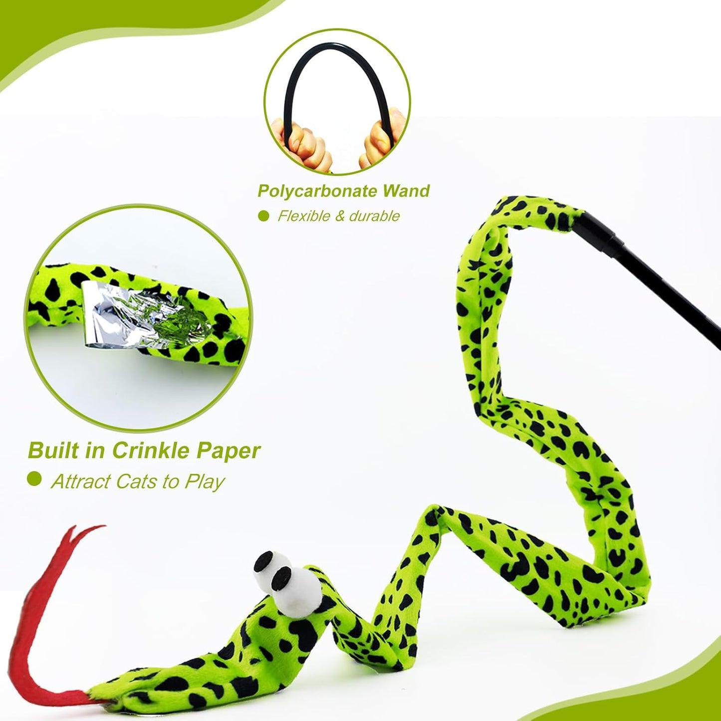 Interactive Cat Toy Wand with Catnip Mouse, Cat Teaser Wand Rainbow String for Bored Indoor Adult Cats and Kittens (3 Pack Snake)