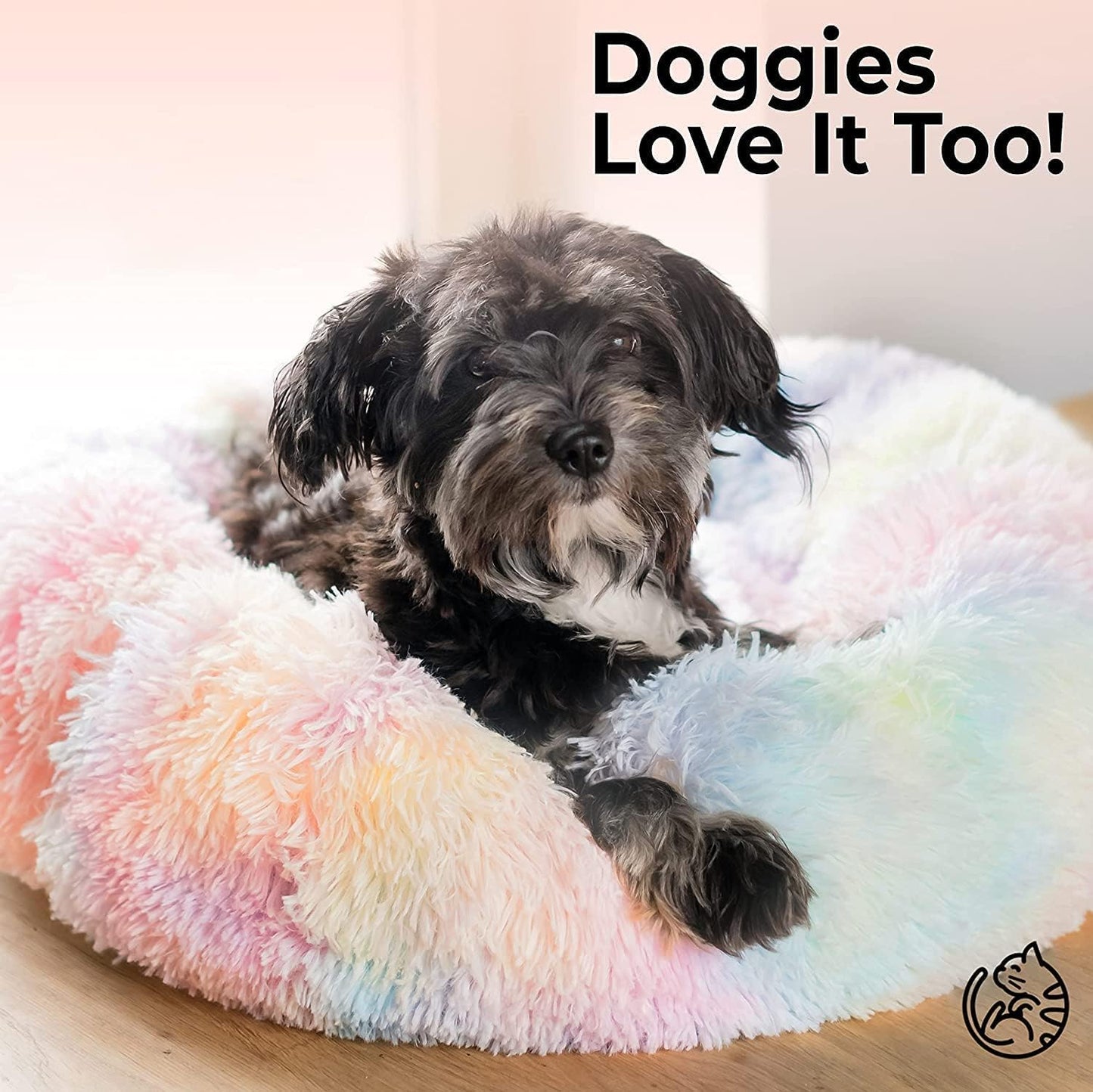 Cat Bed for Indoor Cats and Small Medium Dogs - Washable 20/24 Inches, Anti-Anxiety Round Fluffy Plush Faux Fur, Thick Bottom (Rainbow, Medium)