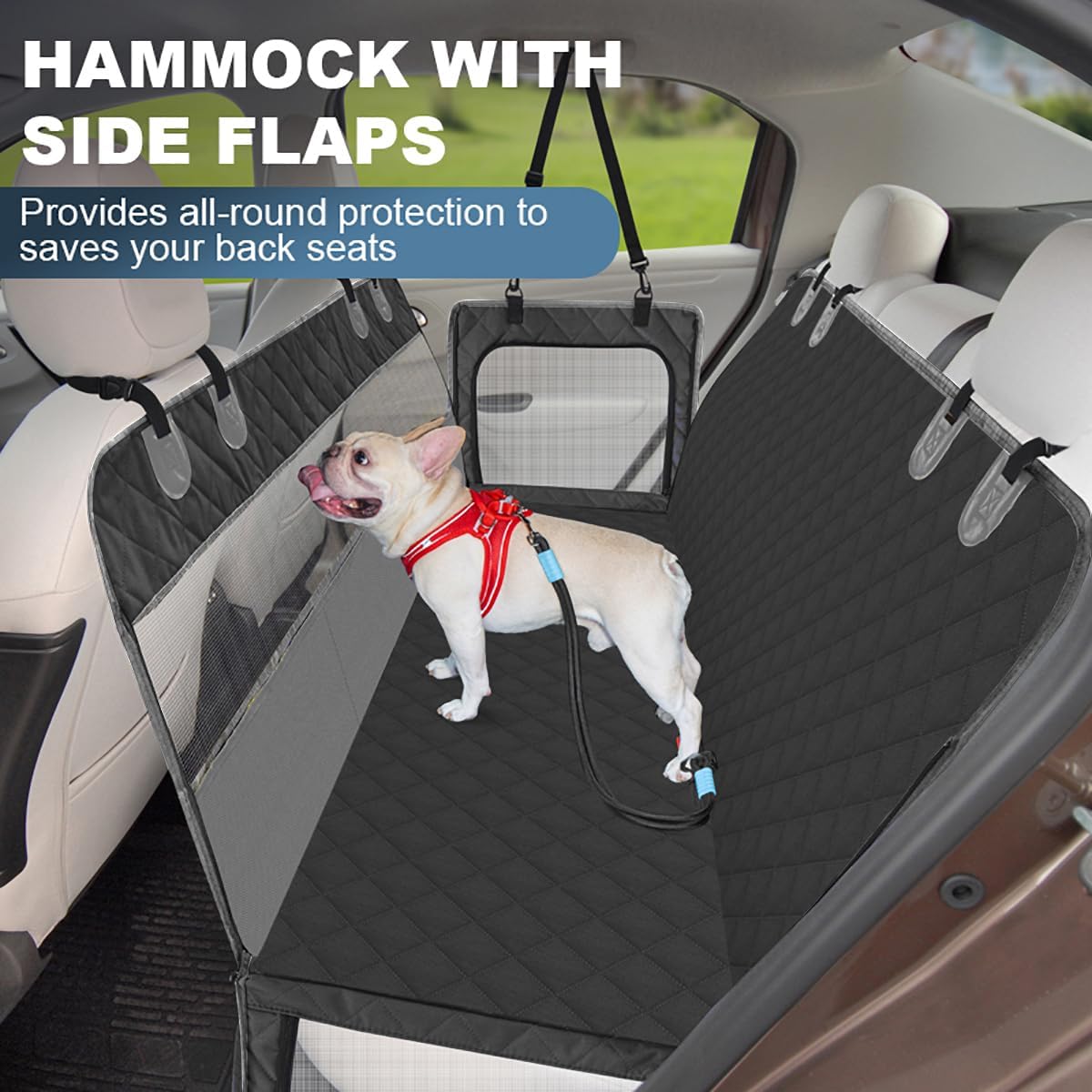 Dog Car Seat Cover, 4-Layer Waterproof Back Seat Protector with Mesh Windows,3 Accessories Pockets Nonslip Pet Hammock Style for Cars Trucks SUVs, Include 1 Dog Safety Belt (Black-Grey)