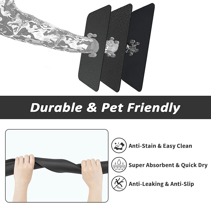 Pet Feeding Mat - Absorbent Dog Mat for Food and Water, No Stains Cat Bowl Mat, Easy to Clean Pet Placemats, Quick Dry Dog Water Dispenser Mat for Messy Drinkers | Black 12"x 19"
