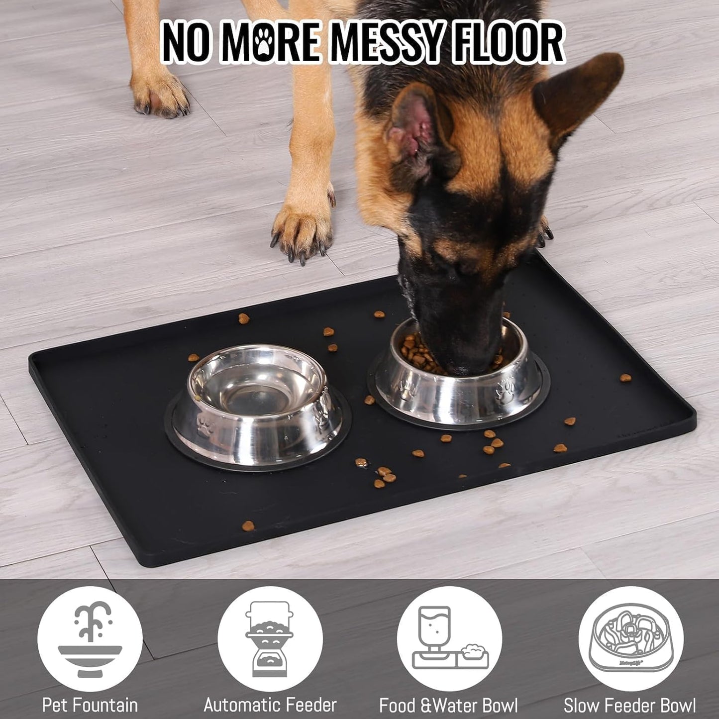 MateeyLife Dog & Cat Food Mat for Floors Waterproof, Nonslip Pet Feeding Mats with Raised Edges, Silicone Matt Tray for Messy Drinkers, 22"x14", Black