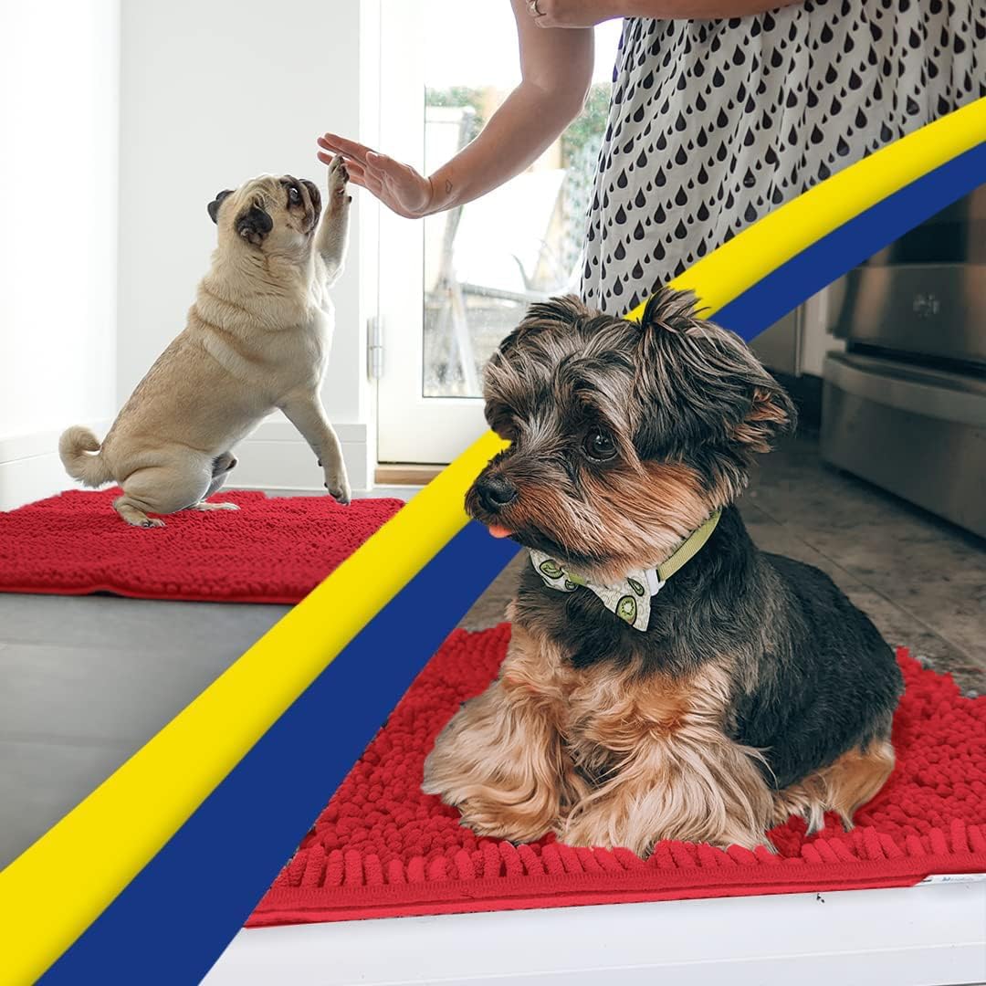 Muddy Mat® Pack of 3 Highly Absorbent Microfiber Dog Door Mat and Pet Rug, Non Slip Thick Washable Area Mat Soft Chenille for Kitchen Bathroom Bedroom and Outdoor - Red Small, Medium & Large