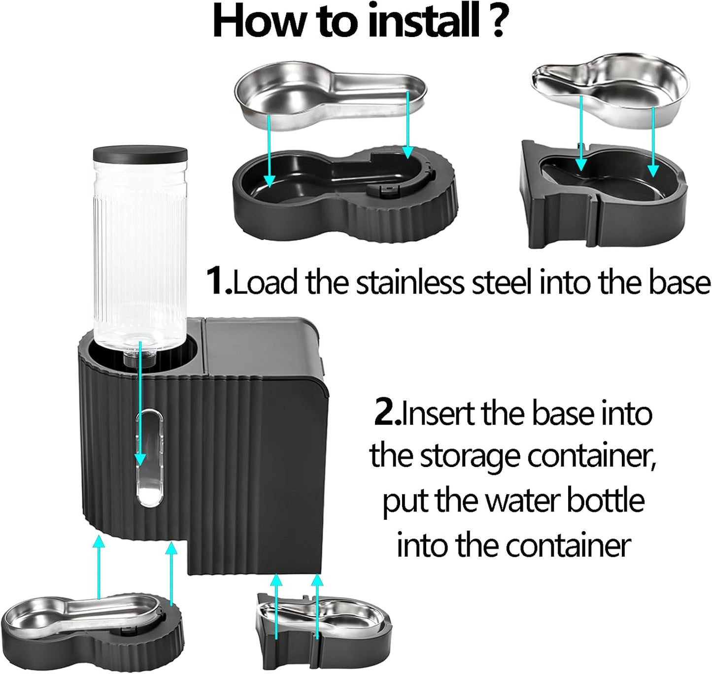 Automatic Cat Food Feeder and Water Dispenser,2 in 1 Gravity Cat Feeder and Water Dispenser with Stainless Steel Bowl,2 Pack Large Capacity Self Feeding for Small Medium Pets Puppy Kitten