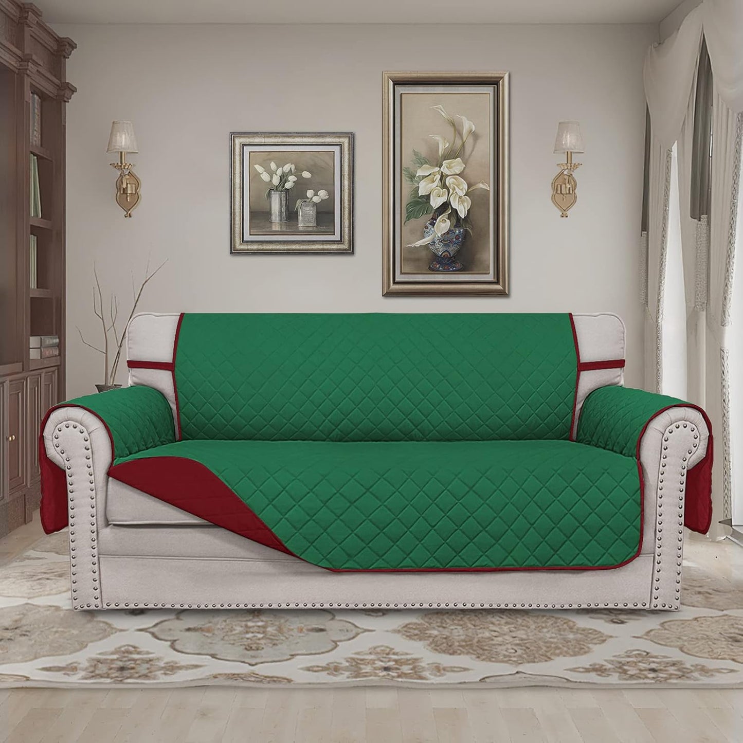 Easy-Going Sofa Slipcover Reversible Loveseat Sofa Cover Couch Cover for 2 Cushion Couch Furniture Protector with Elastic Straps for Pets Kids Dog Cat (Oversized Loveseat, Green/Christmas Red)