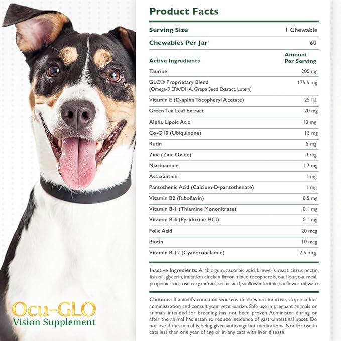 Ocu-GLO Cat & Dog Senior Supplement for Eye Support - Chewable Vision Vitamins Supplements for Large and Small Pets Care with Lutein, Omega-3 Fatty Acids, Grape Seed Extract & Antioxidants