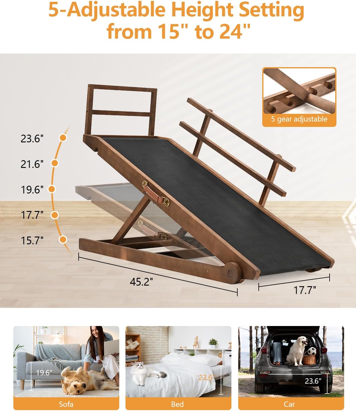 Dog Ramp for Bed, Adjustable Pet Ramp for Dogs to Get on Bed, Folding Dog Bed Ramp for Small/Medium/Large Dog/Cat, Wood Furniture Dog Ramp for High Bed/Couch, Adjustable from 15" to 24" Height