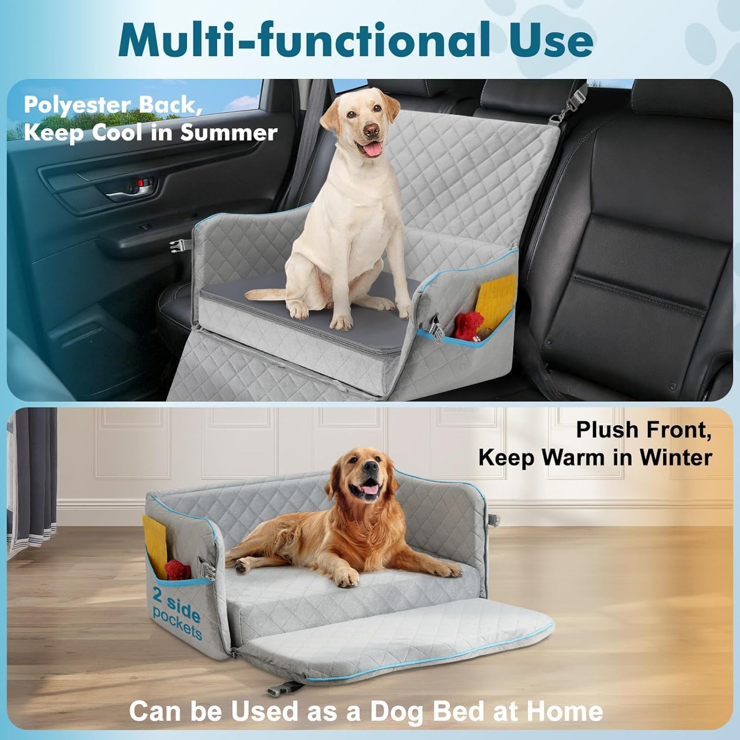 Large Dog Car Seat, Dog Car Bed for Large Dogs Under 60 lbs or 2 Small Breeds, Comfortable Pet Booster Seat with Memory Foam Thick Cushion, Detachable & Washable Pet Bed for Backseat, Grey