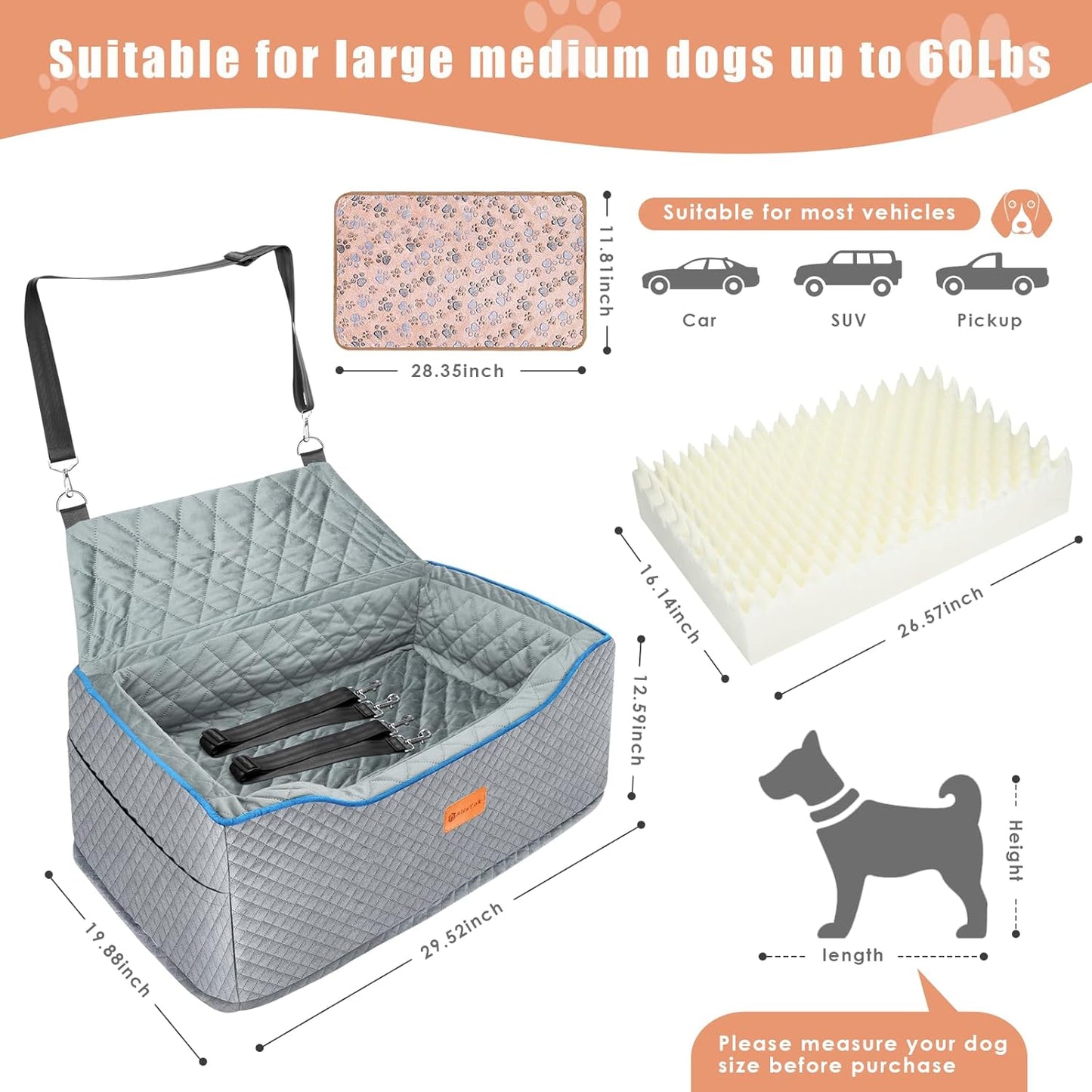 Dog Car Seat Large Size Dog, Washable Large Dog Car Seat, Detachable Memory Foam Pet Car Seat, Dog Booster Car Seat for Large Dogs 60 lbs, with 2 Dog Seat Belt and Dog Blankets