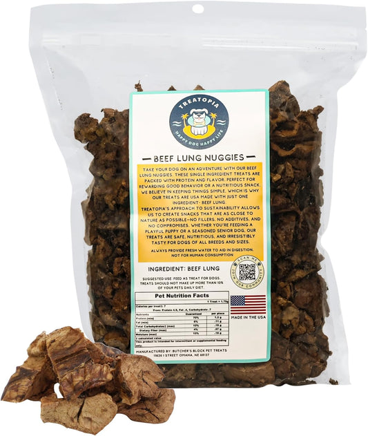 TREATOPIA Beef Lung Nuggies Dog Treats, 1 LB Bag - All-Natural, Sustainable, Healthy, High Protein, Hand-Trimmed, Slow-Roasted, Made in The USA, Nutritious, No Additives, No Fillers