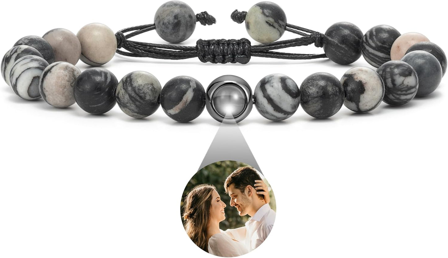 EMIRISTIC Custom Photo Bracelet - Personalized Picture Natural Stone Cuban Chain Bracelet - Any Special Day Gifts