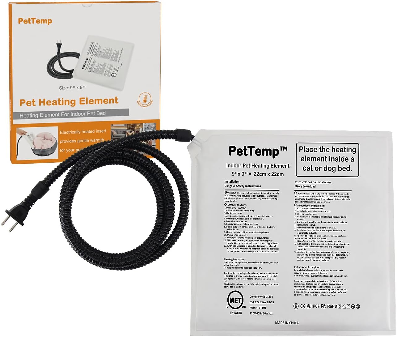 Pet Bed Warmer, Compact Heating Pad Insert for Cat Dog Beds, Turn Any Pet Beds Into a Heated Pet Bed, Waterproof Heated Bed Mat with Chew-Resistant Cord, Safe and Warm (M:9'' x 9'')