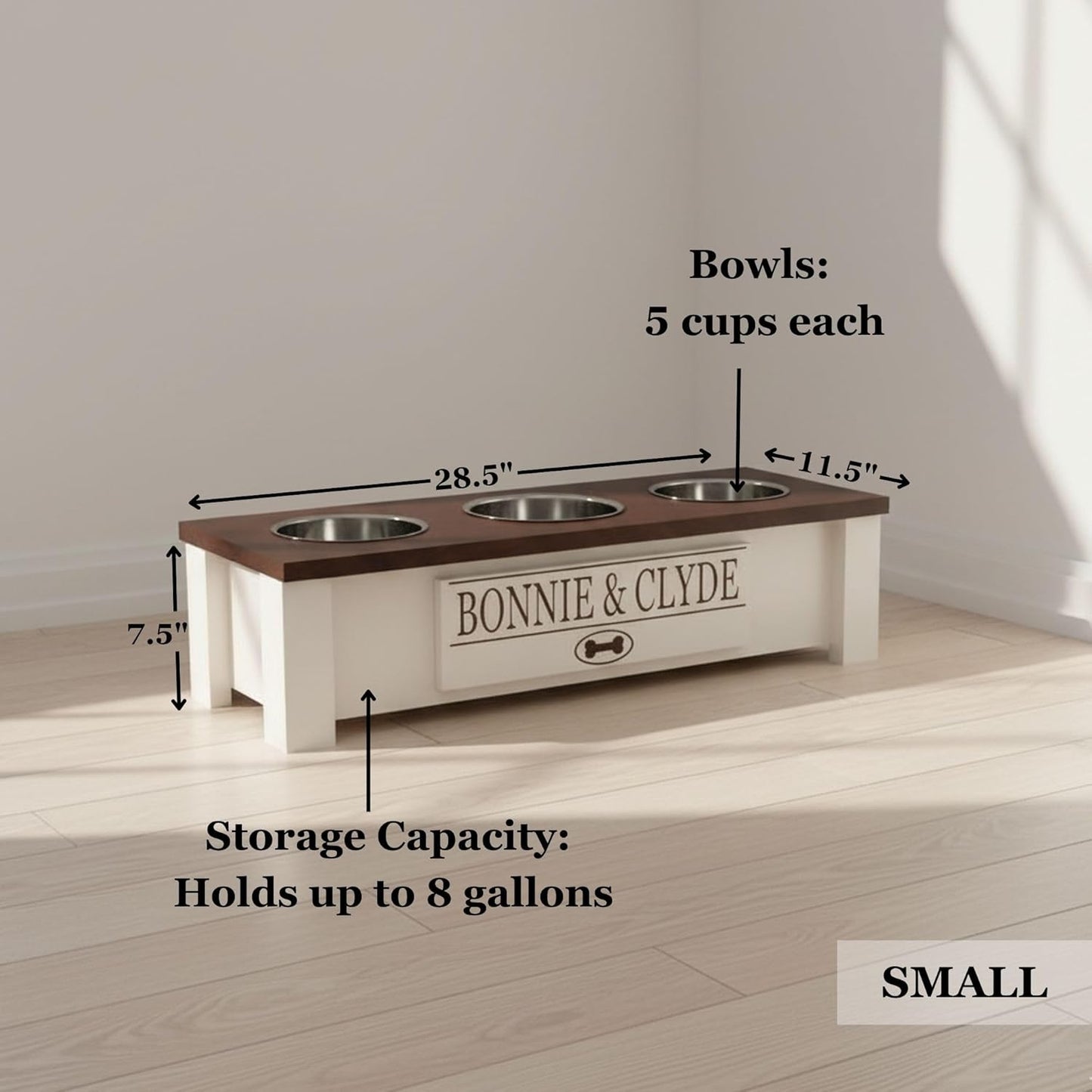 GrooveThis Woodshop - Personalized Elevated Triple Dog Bowl Stand for Large, Medium, Small, X-Small Dogs - 3 Stainless Steel Food and Water Bowls - Raised Dog Dish with Internal Storage (Small, Pink)